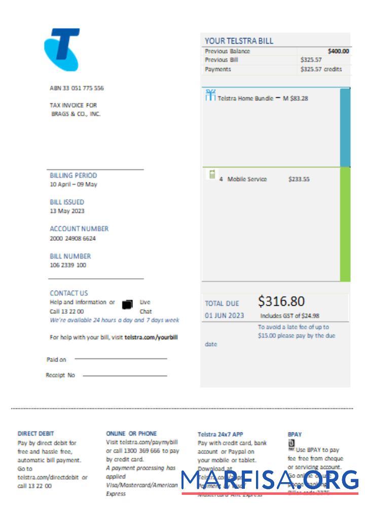 Downloadable Telstra Group Limited telecommunications utility business bill, SCR template